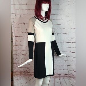 CALVIN KLEIN M Petite Colorblock Knit Long Sleeve Dress Black Taupe Cream MP